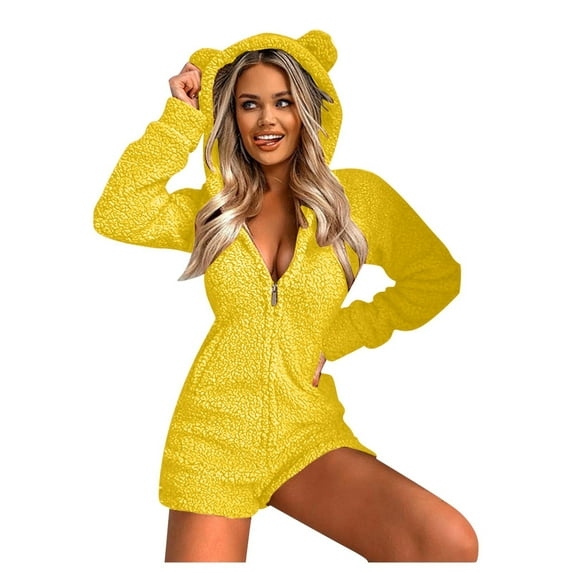 DHFJKG Women's Warm Fuzzy Hooded Zipper Romper Loungewear Solid Color Long Sleeve Short Playsuit With Ear Hood Lovely Homewear