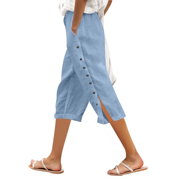 DHFJKG Women's Wide Leg Capri Pants Solid Color Elastic Waist Loose Fit Side Button Functional Casual Crop Pants Soft Trousers