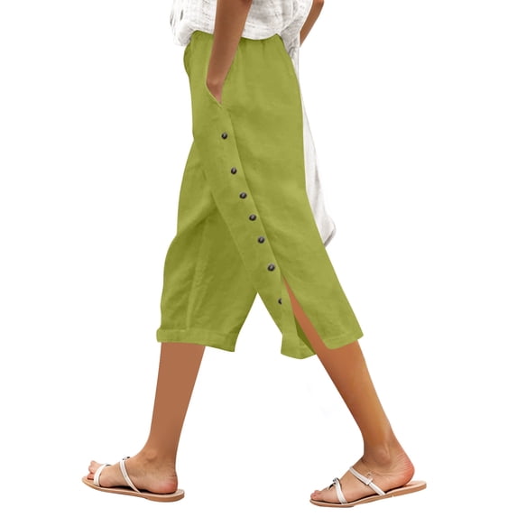 DHFJKG Women's Wide Leg Capri Pants Solid Color Elastic Waist Loose Fit Side Button Functional Casual Crop Pants Stylish Trousers