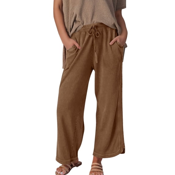 DHFJKG Women's Wide Leg Pants Casual Summer 2026 Solid Color Loose Fit Drawstring Sweat Pants With Pockets Trendy Trousers