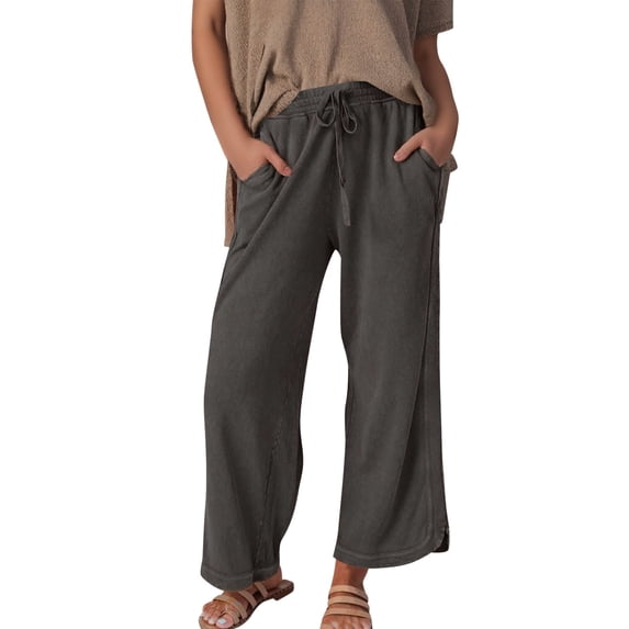 DHFJKG Women's Wide Leg Pants Casual Summer 2026 Solid Color Loose Fit Drawstring Sweat Pants With Pockets Versatile Trousers