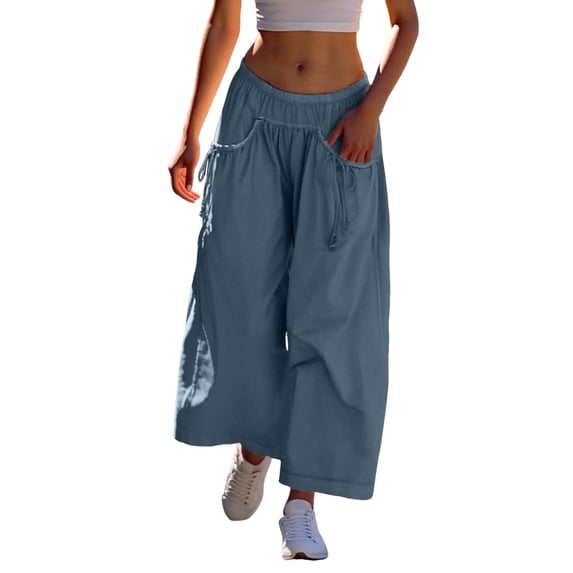 DHFJKG Women's Wide Leg Track Pants Drawstring Pockets Elastic Waist Solid Color Capri Hiking Pants Nice For Beach Comfort Trousers