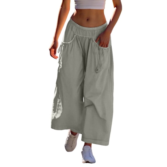 DHFJKG Women's Wide Leg Track Pants Drawstring Pockets Elastic Waist Solid Color Capri Hiking Pants Nice For Beach Cozy Trousers