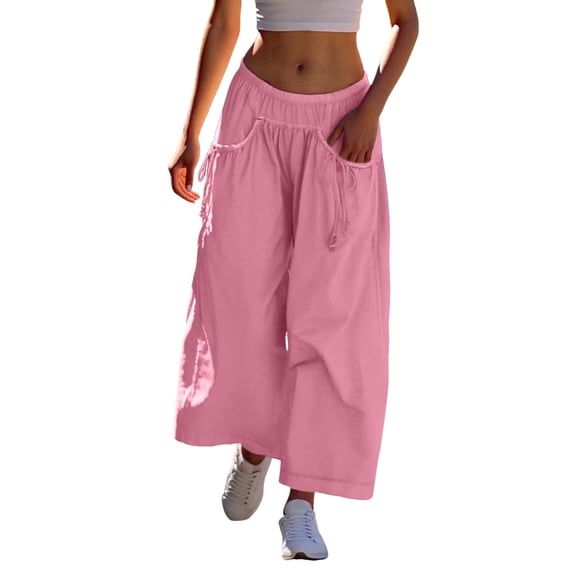 DHFJKG Women's Wide Leg Track Pants Drawstring Pockets Elastic Waist Solid Color Capri Hiking Pants Nice For Beach Versatile Trousers