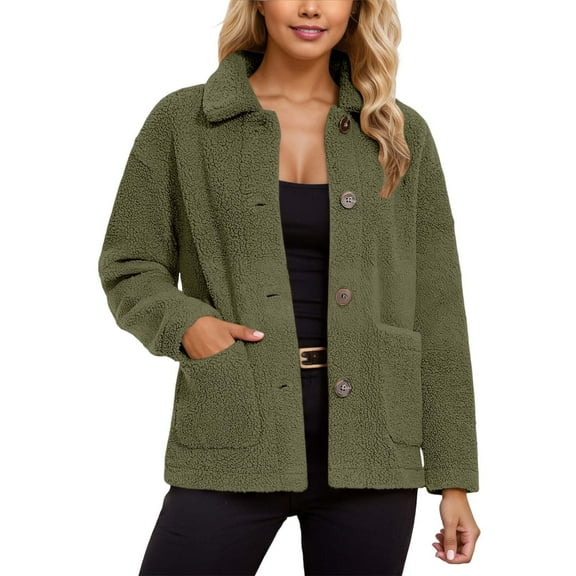 DHFJKG Women's Winter Teddy Jacket Windproof Button-Down Solid Color Long Sleeve Turndown Collar Fuzzy Coat With Pockets Thickened Soft Outerwear