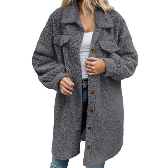 DHFJKG Women's Winter Teddy Long Jacket Windproof Button-Down Solid Color Long Sleeve Turndown Collar Knee-Length Fuzzy Coat Thickened Comfort Outerwear