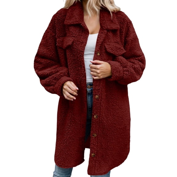 DHFJKG Women's Winter Teddy Long Jacket Windproof Button-Down Solid Color Long Sleeve Turndown Collar Knee-Length Fuzzy Coat Thickened Cozy Outerwear