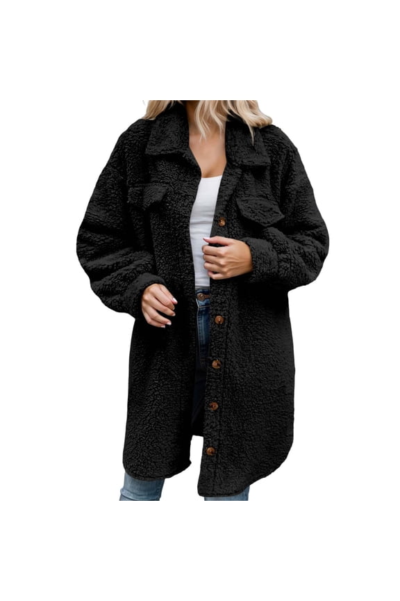 Women's Winter Teddy Long Jacket Windproof Button-Down Solid Color Long Sleeve Turndown Collar Knee-Length Fuzzy Coat Thickened Soft Outerwear