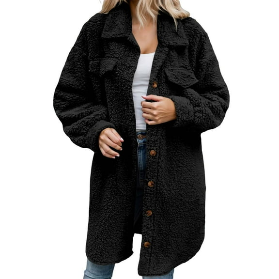 DHFJKG Women's Winter Teddy Long Jacket Windproof Button-Down Solid Color Long Sleeve Turndown Collar Knee-Length Fuzzy Coat Thickened Soft Outerwear