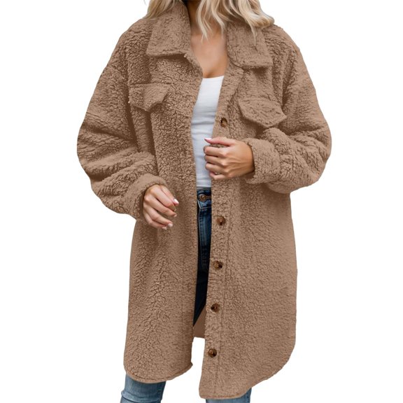DHFJKG Women's Winter Teddy Long Jacket Windproof Button-Down Solid Color Long Sleeve Turndown Collar Knee-Length Fuzzy Coat Thickened Versatile Outerwear