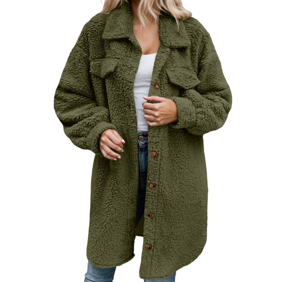 DHFJKG Women's Winter Teddy Long Jacket Windproof Button-Down Solid Color Long Sleeve Turndown Collar Knee-Length Fuzzy Coat Thickened Versatile Outerwear