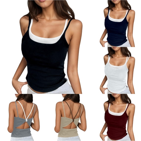 DHFJKG Womens 2 In 1 Tank Tops With Built In Bra Hallow Out Backless Slim Fit Camisole Going Out Casual Summer Outfit Scoop Neck Comfy Top