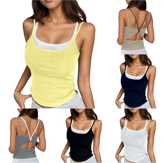 DHFJKG Womens 2 In 1 Tank Tops With Built In Bra Hallow Out Backless Slim Fit Camisole Going Out Casual Summer Outfit Scoop Neck Soft Top