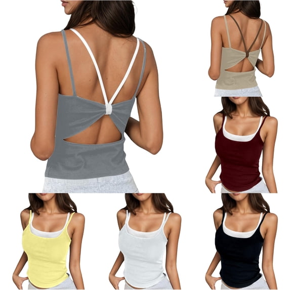 DHFJKG Womens 2 In 1 Tank Tops With Built In Bra Hallow Out Backless Slim Fit Camisole Going Out Casual Summer Outfit Scoop Neck Stylish Top