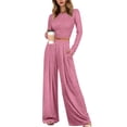 thumbnail image 1 of DHFJKG Womens 2 Piece Matching Loungewear Sets Fall Fashion Ribbed Outfits Long Sleeve Round Neck Slim Fit Crop Top Wide Leg Pants Tracksuits Cozy Sweat Suits, 1 of 7