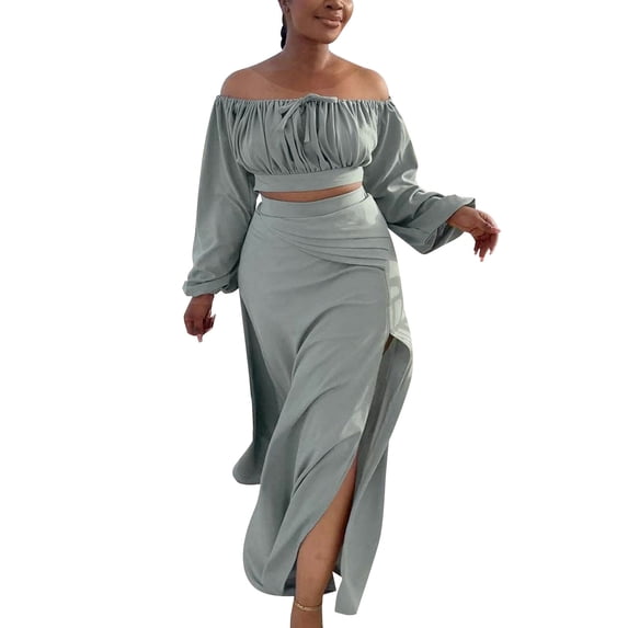 DHFJKG Womens 2 Piece Outfits Plus Size Skirt Sets Off Shoulder Long Sleeve Crop Top High Waist Side Slit Maxi Skirts Beach Vacation Clothes Holiday Outfit