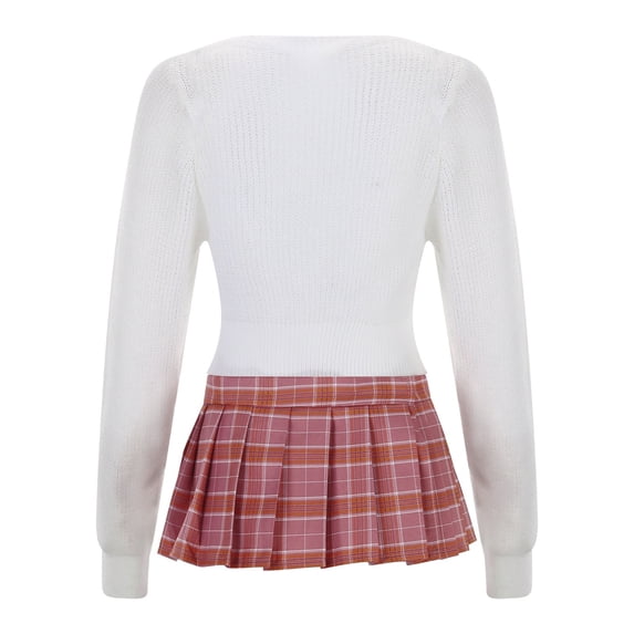 DHFJKG Womens 2 Piece Outfits Skirt Sets Night Out Long Sleeve V Neck Crop Top Basic Tee Plaid Pleated Mini Skirts Sexy Matching Set Stylish Outfit