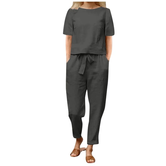 DHFJKG Womens 2 Piece Outfits Summer Short Sleeve Basic Tee Straight Leg Pants Solid Color Matching Sets For Women Versatile Outfit