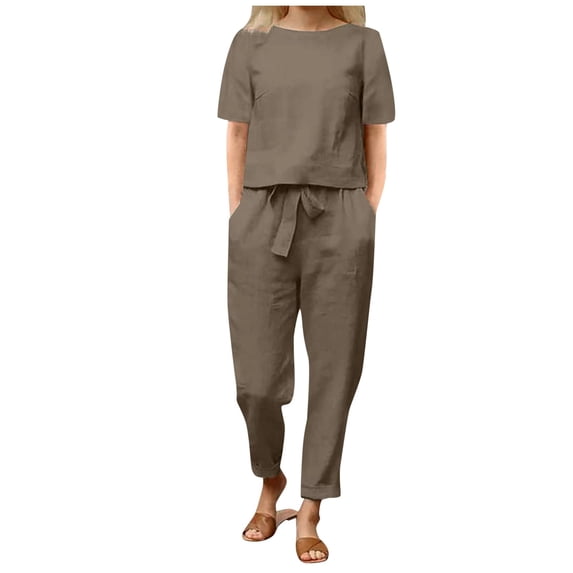 DHFJKG Womens 2 Piece Outfits Summer Short Sleeve Basic Tee Straight Leg Pants Solid Color Matching Sets For Women Versatile Outfit