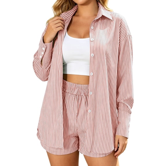 DHFJKG Womens 2 Piece Oversized Outfits Summer Striped Long Sleeve Button Up Shirts And Shorts Summer Matching Sets Comfy Outfit