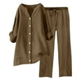 thumbnail image 1 of DHFJKG Womens 2 Piece Set Spring Summer Outfits Long Sleeve Notch V Neck Button Up Shirts Loose Fit Pants With Pockets Casual Streetwear Vacation Clothes Comfortable Outfit, 1 of 4