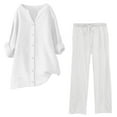 thumbnail image 1 of DHFJKG Womens 2 Piece Set Spring Summer Outfits Long Sleeve Notch V Neck Button Up Shirts Loose Fit Pants With Pockets Casual Streetwear Vacation Clothes Stylish Outfit, 1 of 4