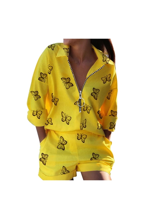 Womens 2 Piece Sets Spring Summer Outfits Half Zip Collar Long Sleeve Shirts Shorts Set With Pockets Vacation Clothes Soft Outfit