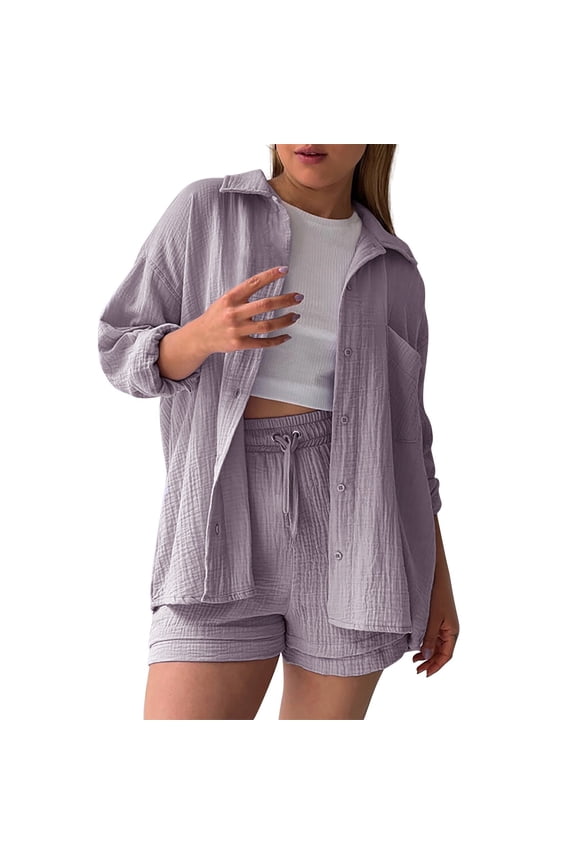 Womens 2 Piece Shorts Set Long Sleeve Button Up Collared Shirt Drawstring Shorts Basic Blouses Top Summer Beach Vacation Clothes Comfortable Outfit