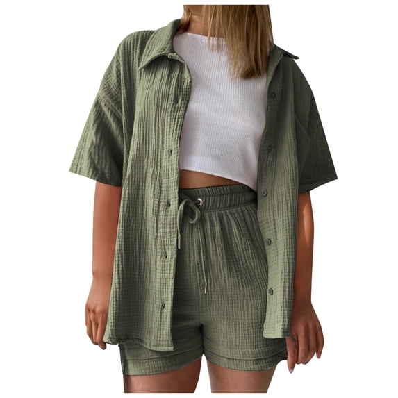 DHFJKG Womens 2 Piece Shorts Set Long Sleeve Button Up Collared Shirt Drawstring Shorts Solid Color Blouses Basic Top Summer Beach Vacation Clothes Comfortable Outfit