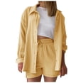 thumbnail image 1 of DHFJKG Womens 2 Piece Shorts Set Spring Summer Outfits Long Sleeve Button Up Collared Shirt Drawstring Shorts Basic Blouses Top Beach Vacation Clothes Cozy Outfit, 1 of 7