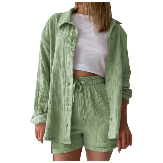 DHFJKG Womens 2 Piece Shorts Set Spring Summer Outfits Long Sleeve Button Up Collared Shirt Drawstring Shorts Basic Blouses Top Beach Vacation Clothes Cozy Outfit