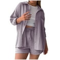 thumbnail image 1 of DHFJKG Womens 2 Piece Shorts Set Spring Summer Outfits Long Sleeve Button Up Collared Shirt Drawstring Shorts Basic Blouses Top Beach Vacation Clothes Soft Outfit, 1 of 6