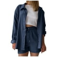 thumbnail image 1 of DHFJKG Womens 2 Piece Shorts Set Spring Summer Outfits Long Sleeve Button Up Collared Shirt Drawstring Shorts Basic Blouses Top Beach Vacation Clothes Trendy Outfit, 1 of 7
