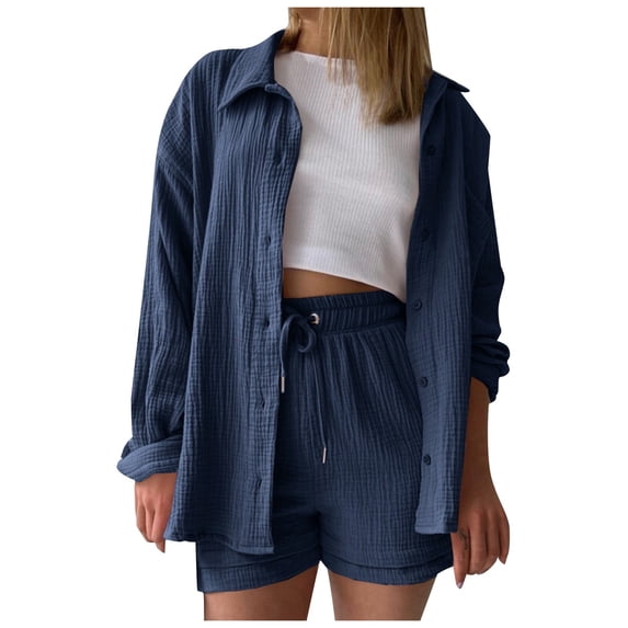 DHFJKG Womens 2 Piece Shorts Set Spring Summer Outfits Long Sleeve Button Up Collared Shirt Drawstring Shorts Basic Blouses Top Beach Vacation Clothes Trendy Outfit
