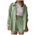 thumbnail image 1 of DHFJKG Womens 2 Piece Shorts Set Spring Summer Outfits Long Sleeve Button Up Collared Shirt Drawstring Shorts Basic Blouses Top Beach Vacation Clothes Trendy Outfit, 1 of 7