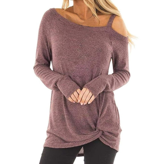 DHFJKG Womens Asymmetrical T-Shirts Off The Shoulder Solid Color Long Sleeve Loose Fit Casual Vintage Blouse Leisure Stylish Tops