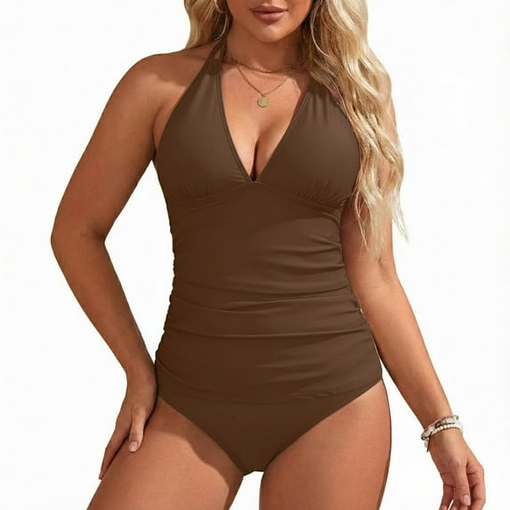 DHFJKG Womens Athletic 2 Piece Tankini Swimsuits Halter V Neck Swim Tank Tops With Briefs Bathing Suits Solid Color Casual Beachwear