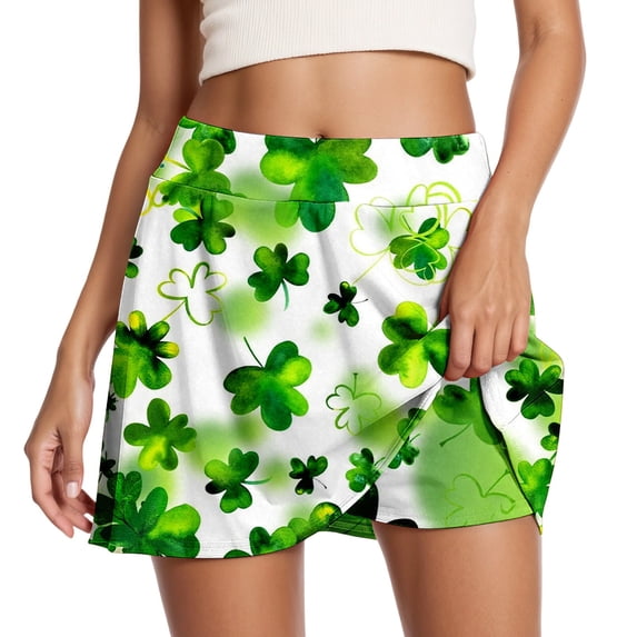 DHFJKG Womens Athletic Skorts For Running Tennis Clover Print Workout Mini Skirt With Built In Shorts Comfortable Activewear Versatile Skirt
