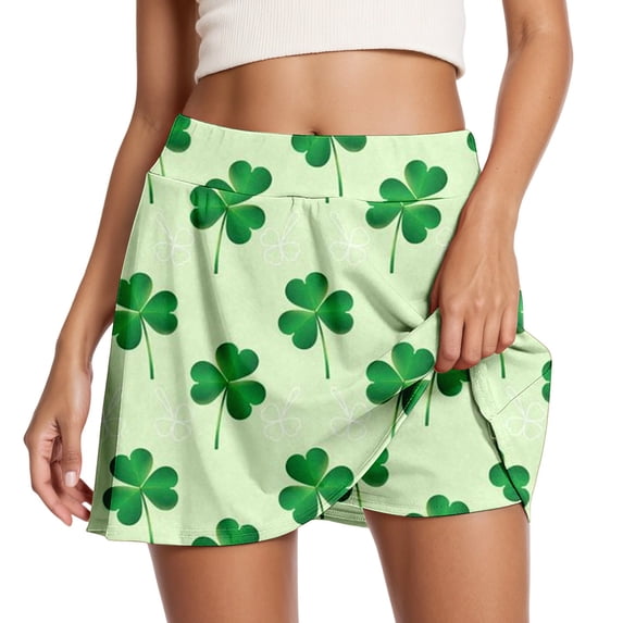 DHFJKG Womens Athletic Skorts For Running Tennis Clover Print Workout Mini Skirt With Built In Shorts Comfortable Activewear Versatile Skirt