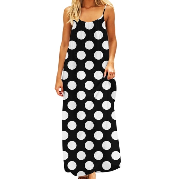 DHFJKG Womens Backless Maxi Dresses Casual Polka Dot Spaghetti Straps Loose Fit Scoop Neck Beach Sundress Trendy Dresses