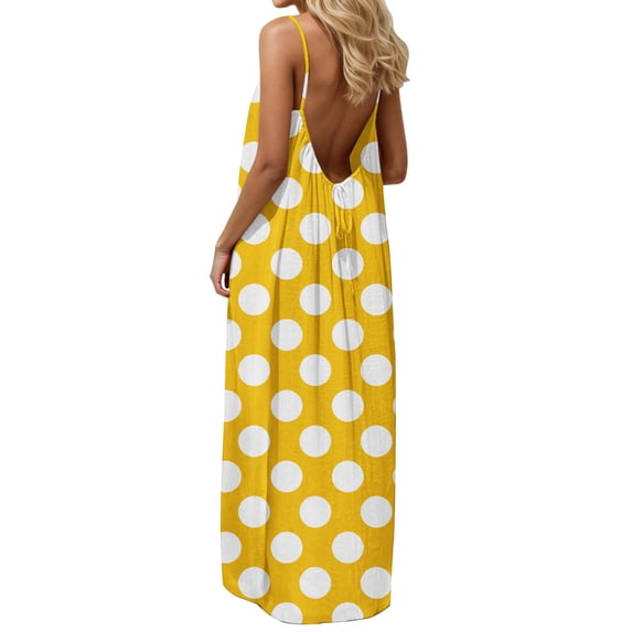 DHFJKG Womens Backless Maxi Dresses Casual Polka Dot Spaghetti Straps Loose Fit Scoop Neck Beach Sundress Trendy Dresses