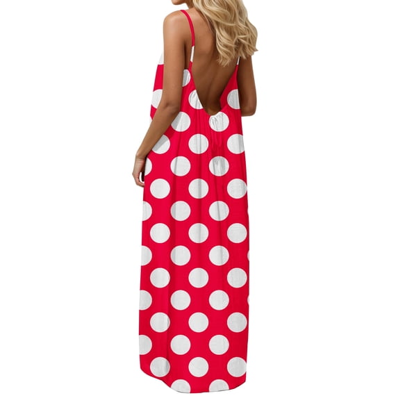 DHFJKG Womens Backless Maxi Dresses Casual Polka Dot Spaghetti Straps Loose Fit Scoop Neck Beach Sundress Versatile Dresses