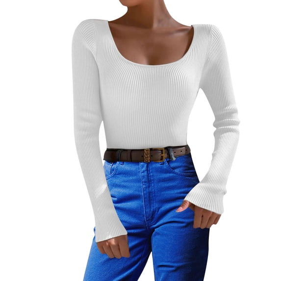 DHFJKG Womens Base Layer Knit Ribbed Sweater Slim Fit Scoop Neck Solid Color Long Sleeve Bottoming Shirt Pullover Classic Jumper Tops