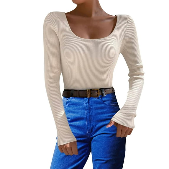 DHFJKG Womens Base Layer Knit Ribbed Sweater Slim Fit Scoop Neck Solid Color Long Sleeve Bottoming Shirt Pullover Classic Jumper Tops