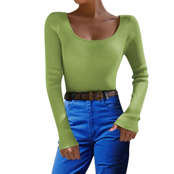 DHFJKG Womens Base Layer Knit Ribbed Sweater Slim Fit Scoop Neck Solid Color Long Sleeve Bottoming Shirt Pullover Comfort Jumper Tops