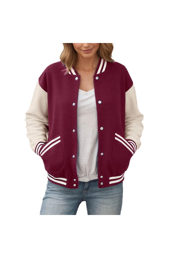 Womens Baseball Jacket Color Block Long Sleeve Button Up Lightweight Striped Varsity Jackets Cozy Coat