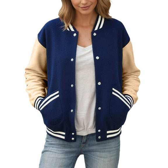 DHFJKG Womens Baseball Jacket Color Block Long Sleeve Button Up Lightweight Striped Varsity Jackets Trendy Coat