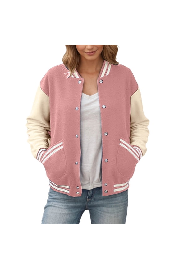 Womens Baseball Jacket Color Block Long Sleeve Button Up Lightweight Striped Varsity Jackets Versatile Coat