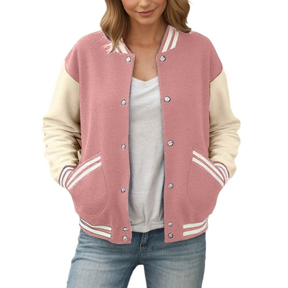 DHFJKG Womens Baseball Jacket Color Block Long Sleeve Button Up Lightweight Striped Varsity Jackets Versatile Coat