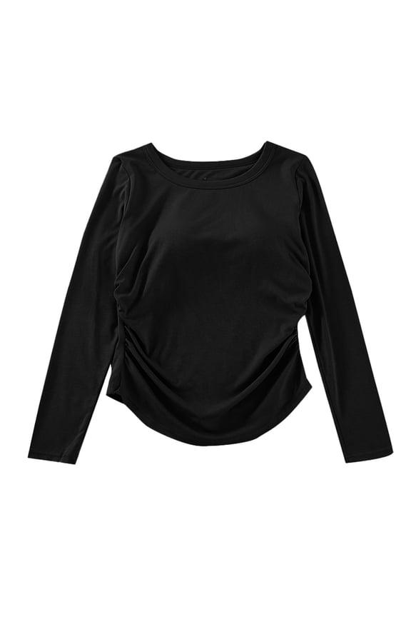 Womens Basic Tee With Built In Bra Long Sleeve Scoop Neck Ruched Slim Fitted Lightweight Casual Solid Color Base Layer Versatile Tops